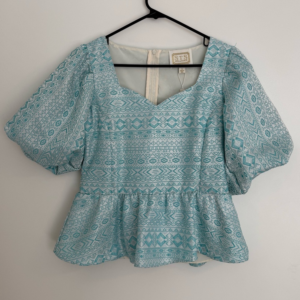 Sail to Sable Mint and White Puff sleeve Peplum Top